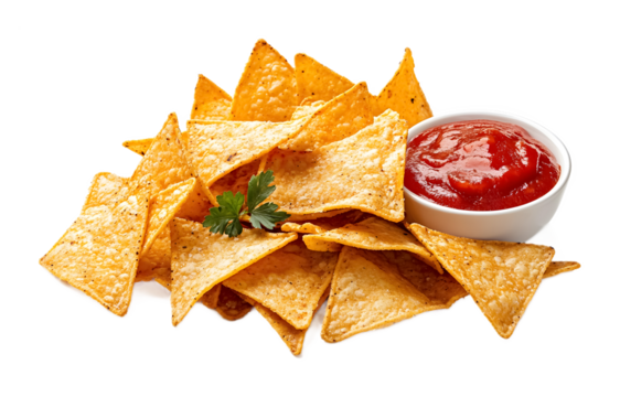 tasty nachos with red sauce isolated on transparent background 