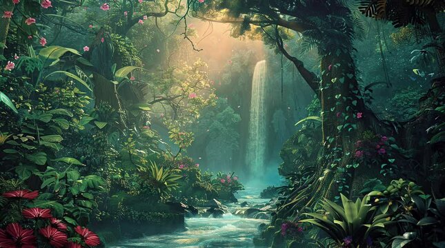 Tall waterfall glowing with ethereal light in forest during peaceful starry night
Seamless looping 4k time-lapse virtual video animation Generated AI