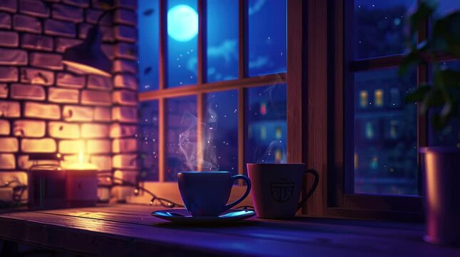 Coffee on table near brick wall and night window in cozy interior lighting
Seamless looping 4k time-lapse virtual video animation Generated AI