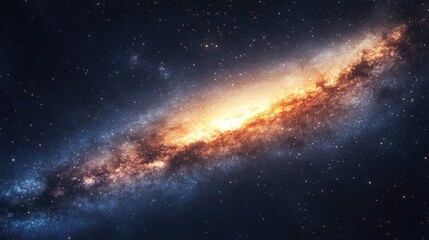 A stunning view of a spiral galaxy illuminated by vibrant orange and blue hues against a dark cosmic background.