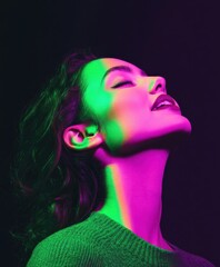 Woman with Dual Tone Lighting in Green and Purple