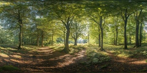 Fototapeta premium A panoramic view of a sun-dappled forest path winding through tall trees with green foliage.