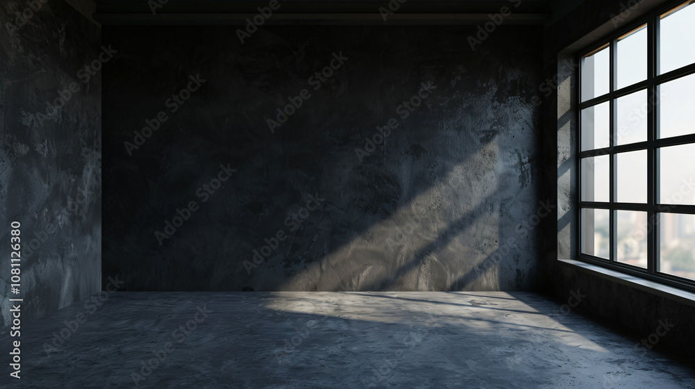 Aufkleber empty industrial room with concrete walls and floor, illuminated by sunlight to create shadows and h