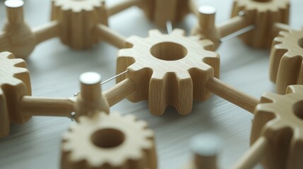 A collaborative team of professionals assembles wooden gears, forming a network connection and symbolizing teamwork and unity in a business setting. 
