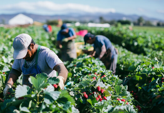 Agricultural workers picking strawberries at a farm