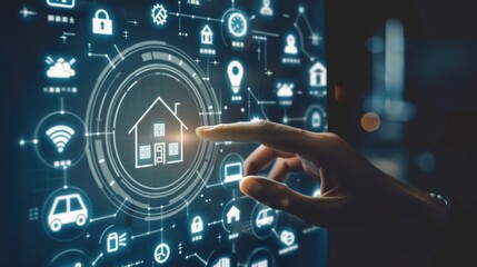 Obraz premium Real estate investment concept. Man touch virtual house icon for analyzing mortgage loan home and insurance real property mortgage. interest rate, Investment planning