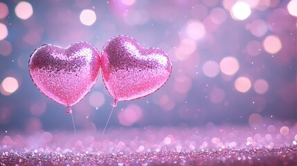 Fototapeta premium Sparkling Pink Heart Balloons with Glittering Bokeh Background for Romantic and Festive Celebrations