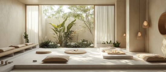 Minimalist Zen room with large windows overlooking a lush garden, featuring a wooden bench, cushions, and a round table.