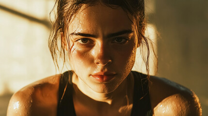 woman's determined face with sweat after workout hard ,  fitness and training concept. 