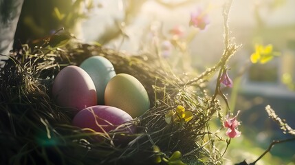 Obraz premium Pastel Easter eggs with pattern in fresh grass with morning dew, horizontal banner for spring celebration card, family event, church gathering, children's activitie, holiday social media, copy space