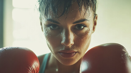 Sweaty Self-confident Woman training boxing indoor, female practicing boxing sport.