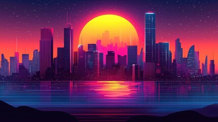 Vibrant Neon Cityscape at Sunset with Reflective Water and Starry Sky in Futuristic Urban Setting