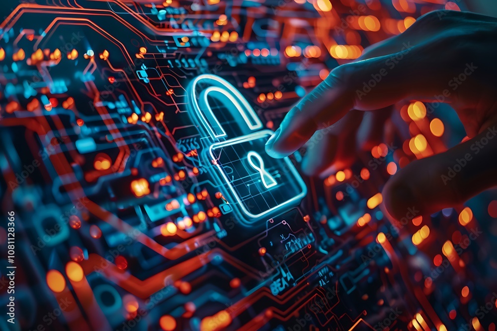 Fototapete cyber security and data protection concept. padlock on circuit board background