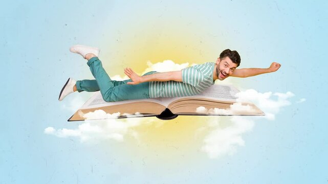 Contemporary art 3d motion trend collage video of happy man fly open book education concept on sky background