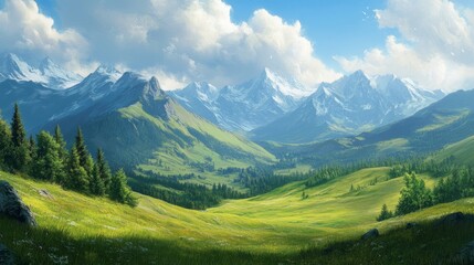 Fototapeta premium A picturesque panorama of the Carpathian Mountains, featuring rolling grassy hills and a verdant mountain landscape