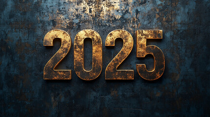 2025 golden numbers on rustic blue wall, vintage texture, elegant new year representation, warm tones, artistic celebration of future