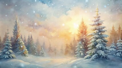 Fototapeta premium Serene winter landscape watercolor depicting snow-covered trees and a soft glowing sunset in the background