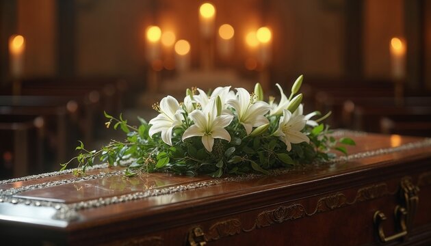 Wooden casket with white lilies in solemn funeral setting
