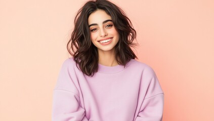A smiling woman in a pastel sweater against a pink background.