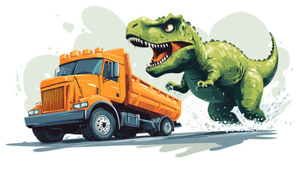 vector dinosaur catches up with car on white background .Generative AI