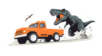 vector dinosaur catches up with car on white background .Generative AI