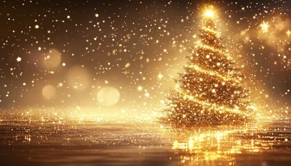 A golden Christmas tree with twinkling lights and stars stands on a shimmering surface, creating a magical and festive atmosphere.