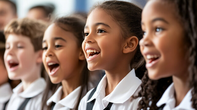 Diverse group of young students singing joyfully together, expressing their love for music in a school choir performance