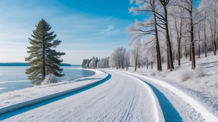 Obraz premium Winding winter forest road along the shore of a frozen forest lake 