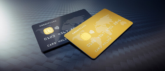 Black and golden glossy credit cards mock up with chip , dark pattern background, 3D Illustration