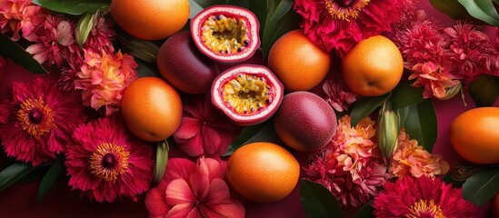 Fresh fruits and red flowers on a burgundy background.