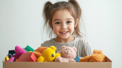Charitable playtime: young girl organizing toys for donation box
