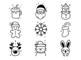 Christmas icons set, line art style