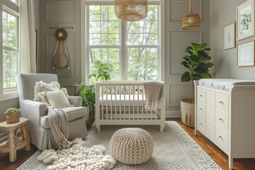 Obraz premium Modern Baby's Room with Light Gray Walls and Wooden Floor – Cozy Crib and Greenery Decoration