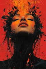 Fine art surrealism woman portrait with paint splash