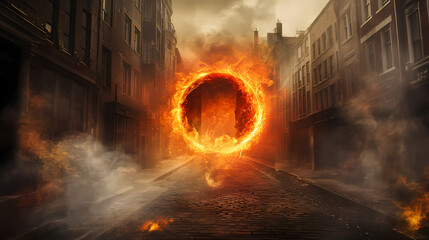 A fiery portal amidst a misty street scene, evoking mystery and adventure. Enigma. Illustration
