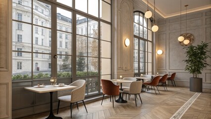 An elegant cafe space with floor-to-ceiling windows, minimal furniture, and soft lighting, allowing natural light to illuminate the space against a neutral, stylish backdrop.