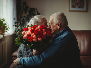 A couple shares a tender moment while celebrating love with a bouquet of roses at home