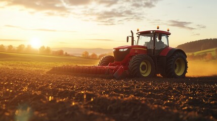 Fototapeta premium Red Tractor Plowing a Field at Sunset