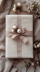 Fototapeta premium A gift box in soft white color, wrapped with an elegant bow in a cell, creates an elegant and festive look. The box is located in a New Year's atmosphere,