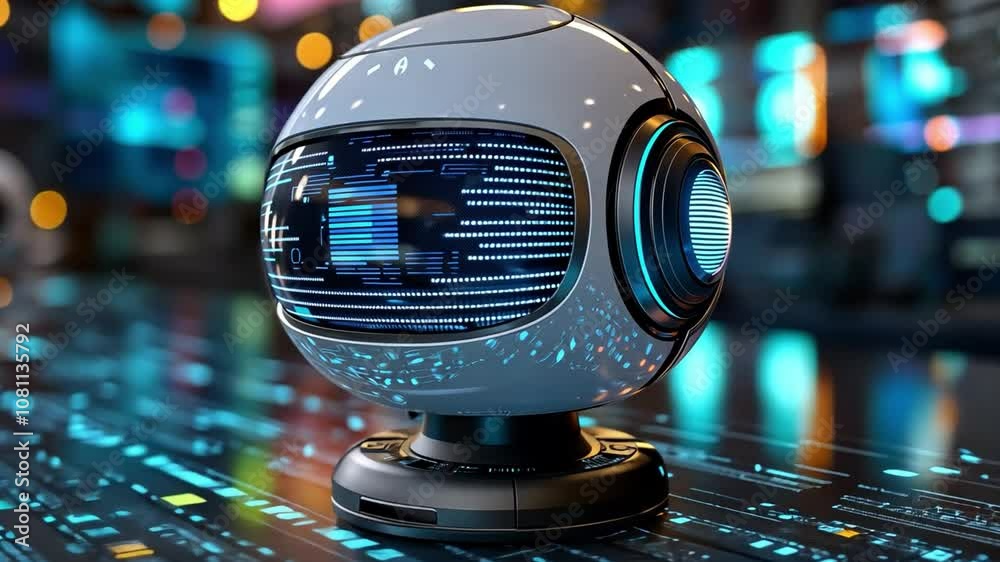 Poster A futuristic robot orb displaying data streams on a digital surface in a tech-savvy environment