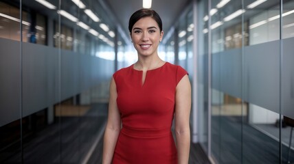 A Latina woman wearing a vibrant red dress stands confidently in a modern, well-lit office hallway with glass walls