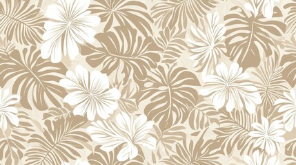 Fototapeta premium Tropical Elegance Seamless Pattern of Stylized Leaves and Flowers in Natural Beige Tones