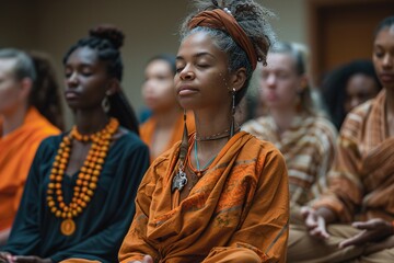 Participants in vibrant robes engage in a focused meditation session. The environment reflects tranquility, with a presence of diverse individuals deeply immersed in their practice