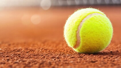 A close-up of a yellow tennis ball on a clay court surface.