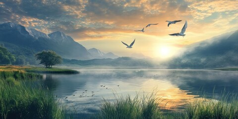 Obraz premium Serene sunrise over a misty lake with mountains in the background and birds flying overhead.
