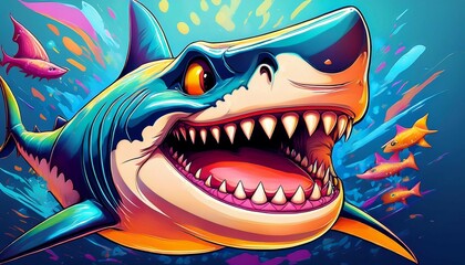 Fototapeta premium fun and colorful cartoon shark mouth with sharp teeth and playful expression for illustrative use
