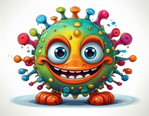funny cartoon virus character with a mischievous expression and colorful design on a white background