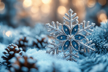 A business New Year’s greeting card with a crisp blue-and-silver snowflake design and the company logo