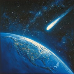 Comet passing planet Earth in outer space, cosmic scene for sci-fi visuals