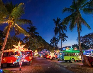 vibrant parol stars adorn festive streets lanterns aglow amidst palm trees and jeepneys capturing the unique fusion of christmas joy in the tropical philippine landscape